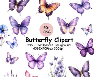 Purple Butterfly Clipart Bundle, Watercolor Butterfly Clip Art Transparent PNG, Lilac Purple Butterfly with Garden Flowers.