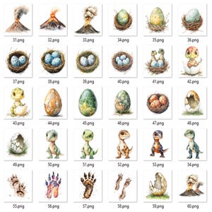 May include: A set of watercolor illustrations featuring a variety of dinosaur-themed images, including a volcano erupting, dinosaur eggs in nests, baby dinosaurs hatching from eggs, and dinosaur footprints. The illustrations are painted in a whimsical style with bright colors.