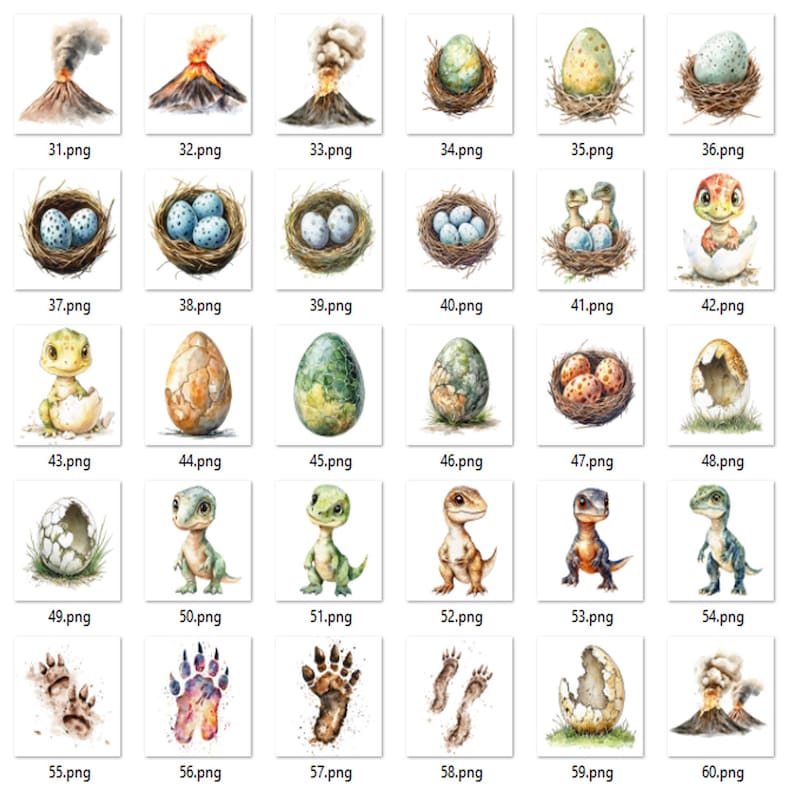 May include: A set of watercolor illustrations featuring a variety of dinosaur-themed images, including a volcano erupting, dinosaur eggs in nests, baby dinosaurs hatching from eggs, and dinosaur footprints. The illustrations are painted in a whimsical style with bright colors.