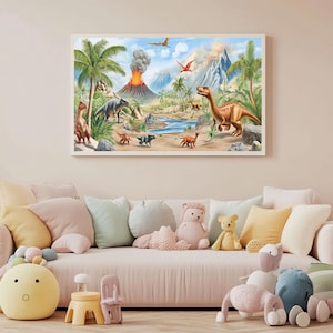 May include: A framed illustration of a jungle scene with a volcano erupting in the background.  Dinosaurs of various sizes and colors are depicted in the foreground, including a large brown dinosaur with a long neck and tail.  The scene is set against a backdrop of lush green foliage and a blue sky.