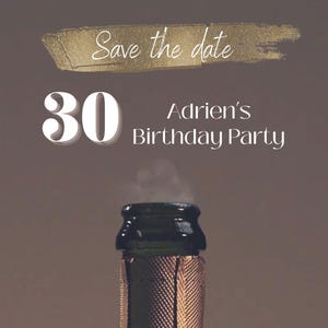 オリジナルの誕生日招待状、30歳の誕生日カード、お祝い、楽しいデジタル招待状、編集可能な招待状、誕生日カードシャンパン