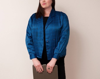 Vintage Oscar de la Renta Blazer, 80s Blue and Black Patterned Jacket, Size L/XL