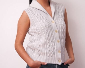 Vintage White Sweater Vest, Button Down Cable Knit, Size Medium