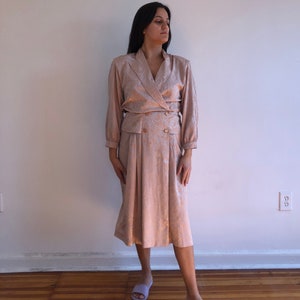 Vintage 1970s Party Dress - Shiny Beige Abstract Print - Scarlett, Size 11/12