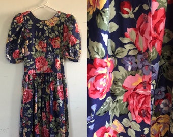 Vintage Blue Floral Print Dress, Ruffle Neckline, Lucy Logsdon
