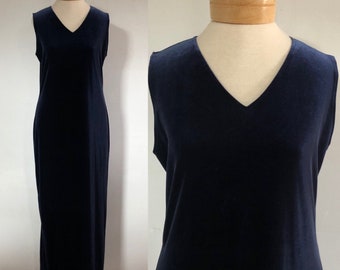 Vintage Dark Blue Velvet Maxi Dress by RJ Collection - Sleeveless 90s Fashion