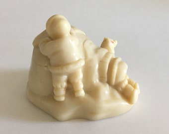 1970s Vintage Pearlite Igloo Figurine with Eskimo Couple and Husky Dog