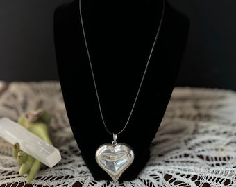 Handmade Upcycled Silver Heart Necklace - Charm Pendant on Black Cord