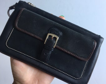 Vintage Black Leather Coach Wristlet, 2000s Purse with Snap Pocket