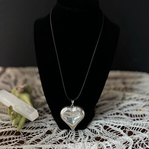 Handmade Upcycled Silver Heart Necklace - Charm Pendant on Black Cord