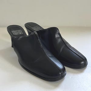 Vintage Mootsies Tootsies Black Leather Mules Size 7, Slip-On Square Toe Heels, Minimalist Y2K Office Shoes