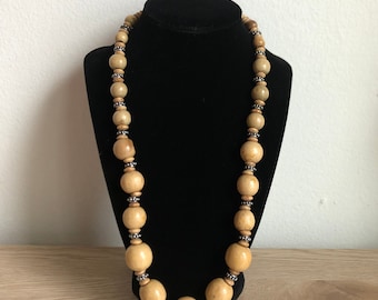 1970s Vintage Wood and Metal Bead Necklace - Unique Retro Jewelry