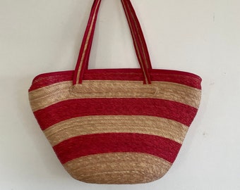 Vintage Tan and Red Striped Shoulder Bag, 1970s Beach Purse