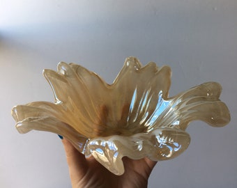 1980s Vintage Iridescent Flower Glass Bowl - Unique Yellow/Brown Decor