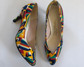 Vintage Life Stride Geometric Pattern High Heels - 1970s Multicolor Rainbow Shoes