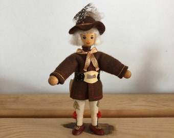 Vintage 1970s Folk Doll - Boy Figurine in Brown Coat and Hat - Collectible Gift