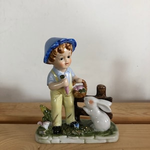 Vintage Child Figurine with Bunny, 1970s Farmer Gift