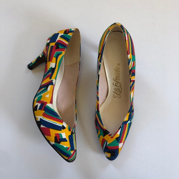 Vintage Life Stride Geometric Pattern High Heels - 1970s Multicolor Rainbow Shoes