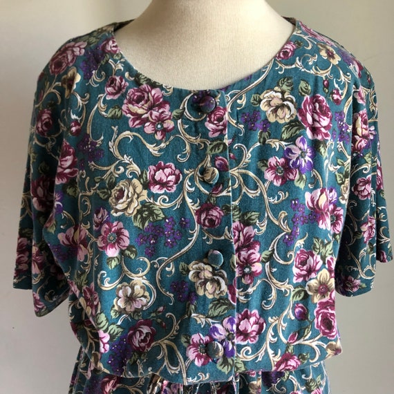 Vintage 1980s Teal Blue Floral Romper with Should… - image 3