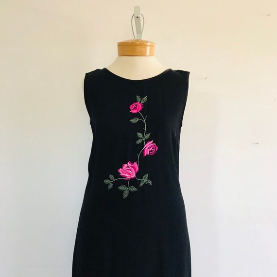Vintage 90s Floral Maxi Dress, Black with Rose De… - image 2