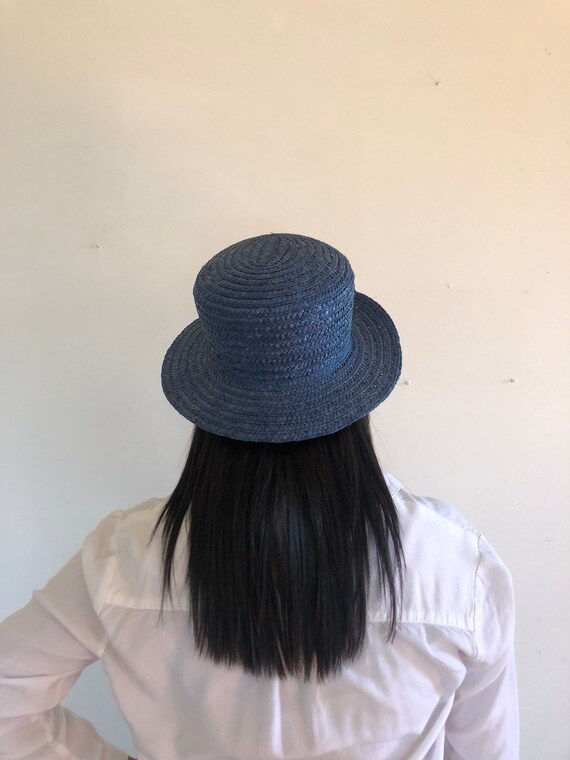 Vintage Blue Straw Hat - Wide Brim - Retro 90s Fa… - image 5