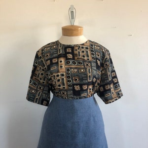 Vintage Geometric Print Blouse - 1980s Kathy Che Grey Box Blouse