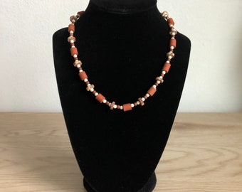 Vintage Red and White Terracotta Beaded Necklace 1970s