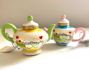 Vintage Set of 2 Porcelain Miniature Teapots - 90s Mini Teapots - Mini Trinket Boxes with Bright Colors and Hearts