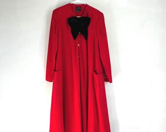 Vintage Bright Red Dress by Le Crillon Paris NY, Velvet Bow, Cape-Like Style, Long Sleeves, Perfect for Holiday Season