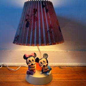 Vintage Disney Mickey and Minnie Mouse Kids Lamp – Figurine Base & Pleated Shade – Nursery or Collector&#39;s Decor
