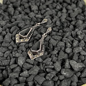 Vintage Art Deco Drop Earrings – Black Onyx & Marcasite Sterling Silver Style – Geometric Statement Jewelry
