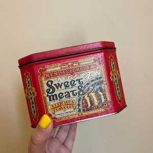 Vintage Kendal & Greaves Sweetmeats Holiday Tin – Red Christmas Candy Container with Victorian-Inspired Graphics
