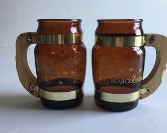 Vintage Boyd's Bear Country Glass Mug Set with Wood Handle