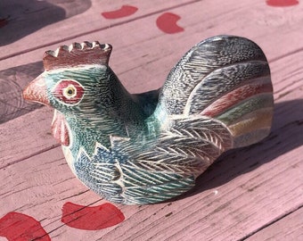 Vintage Carved Rooster Figurine: 1970s Bird Decor