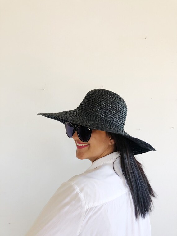 vtg wide brim sun hat, vintage black hat, vintage
