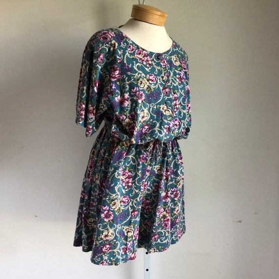 Vintage 1980s Teal Blue Floral Romper with Should… - image 7