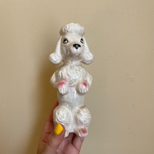 Vintage White Ceramic Poodle Figurine – Mid-Century Dog Statue with Pink Details, Kitschy 1950s Animal Decor