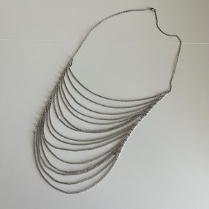 Vintage 1970s Multi-Layer Chain Necklace, Silver-Tone, 26&quot; Long, Retro Costume Jewelry, Statement Accessory