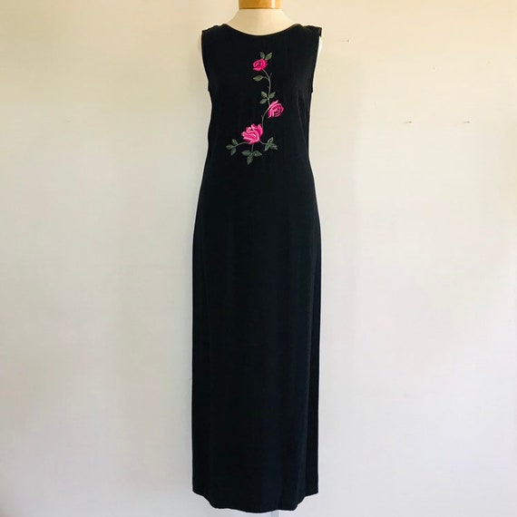 Vintage 90s Floral Maxi Dress, Black with Rose De… - image 6