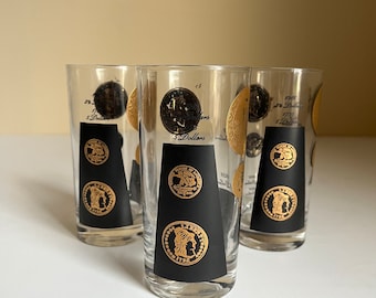 Set of 3 Vintage Glasses | Clear with Black & Gold Coin Designs