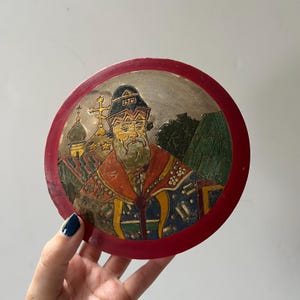 Vintage Red Painted Wooden Trinket Box with Carved Hand-Painted Portrait Lid | Unique Decorative Storage Container