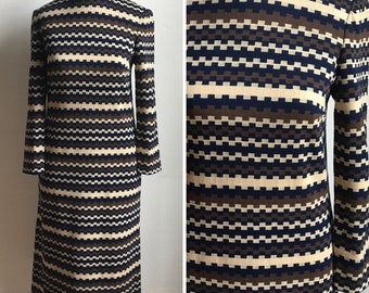 vtg striped long sleeve dress, patterned dress, 60s dress, geometric dress, vtg striped dress, vintage cream dress, mod dress, winter dress