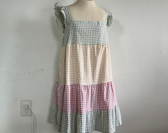 Vintage Color Block Tent Dress, Tri-Color Summer Tank Dress, Checkered 00s Retro Dress