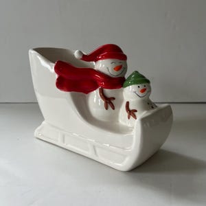 Vintage Ceramic Snowman Sled Holiday Container, Christmas Planter, Candy Dish, Winter Decor, Red & Green Accents