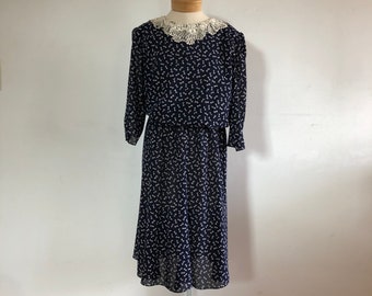 Vintage Dark Blue Bow Print Dress by JP Dresses - Retro 80s Collared Blue Dress