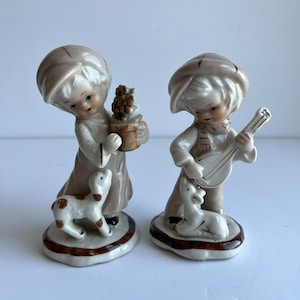Vintage Ceramic Figurine Set - Kids with Mandolin and Flowers - Home Decor