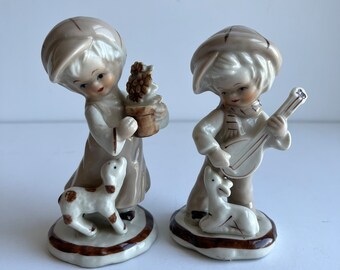 Vintage Ceramic Figurine Set - Kids with Mandolin and Flowers - Home Decor