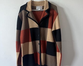 Vintage WondraWool Color Block Cardigan Sweater Large Brown Rust Tan Black Button Front Collared Knit Jacket