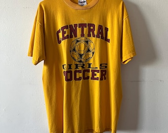 Vintage Central Girls Soccer T-Shirt, Yellow 90s Athletic Sports Tee, Graphic Soccer Shirt, Size Large