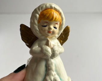 Vintage Angel Figurine Candle Holder - Red-Haired Angel with Gold Wings
